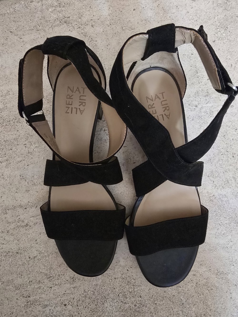 NATURALIZER Black Suede Crisscross Block Heel Sandals - Picture 2 of 5